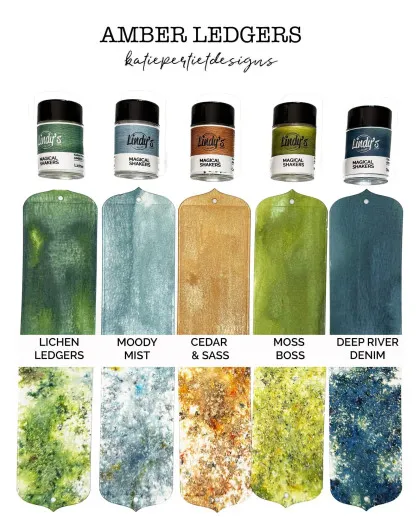 Lindys Stamp Gang Magical Shakers Set Amber Ledgers mit fünf Gläschen und Farbmustern auf Tags