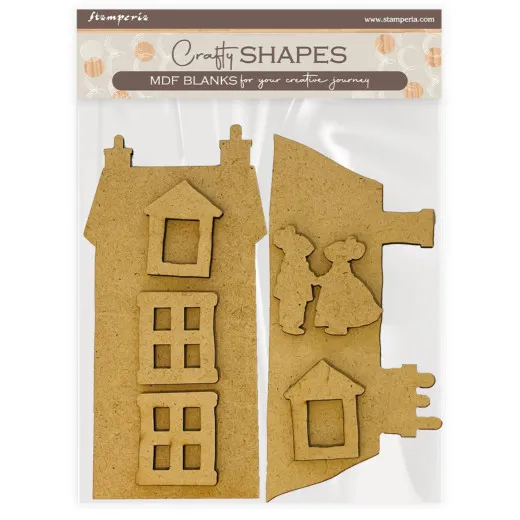 Stamperia Crafty Shapes MDF Blanks Family mit Hausformen und Mäusemotiven in Naturholzfarbe