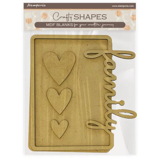 Stamperia Crafty Shapes MDF Blanks Family Hearts Plate Set in Naturholzfarbe mit drei Herzen und Family-Schriftzug