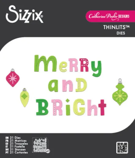 Bunter Stanzschriftzug „Merry and Bright" in Grün, Pink und Gelb, umrahmt von vier Christbaumkugeln
