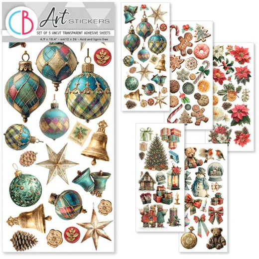 Verpackung des Sets „Merry & Bright“ mit 5 transparenten Klebebögen voller Weihnachtsmotive