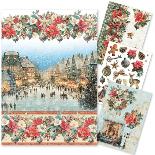 Übersicht aller 4 Reispapier-Bögen im Design „Merry & Bright“ mit weihnachtlicher Winterdorf-Szene und Poinsettien