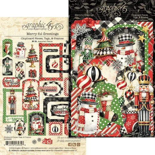 Graphic 45 Merry-ful Greetings Chipboard Set mit 34 sortierten Tags, Rahmen und Weihnachtsmotiven wie Schneemännern, Nussknackern und Baumdekorationen in Rot, Grün und Schwarz-Weiß.