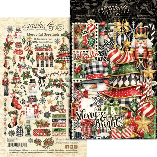 Graphic 45 Merry-ful Greetings Ephemera Set mit 69 vorgestanzten Teilen: Nussknacker, Schneemänner, Kugeln, Schleifen auf Creme und Anthrazit