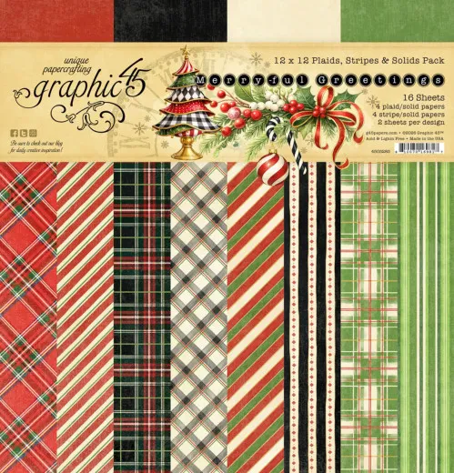 Graphic 45 Merry-ful Greetings Paper Pad mit 16 Blatt, 30,5x30,5cm, Designs: Karos, Streifen und einfarbige Flächen in Rot, Grün, Schwarz und Creme