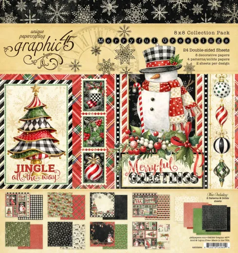 Merry-ful Greetings 8x8 Collection Pack von Graphic 45 mit 24 Bögen in Rot, Grün, Schwarz und Creme, zeigt Schneemann, Nussknacker und Weihnachtsbäume