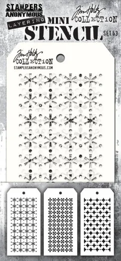 Verpackung des Mini Layering Stencil Set 63 mit drei Tag-Schablonen: Schneeflocken, Blüten und Rauten
