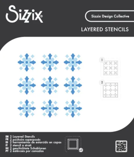 Verpackung der Sizzix Mini Layered Stencils "Fanciful Snowflakes" mit Abbildung des blauen Schneeflocken-Rastermusters und den beiden Schablonenlagen.