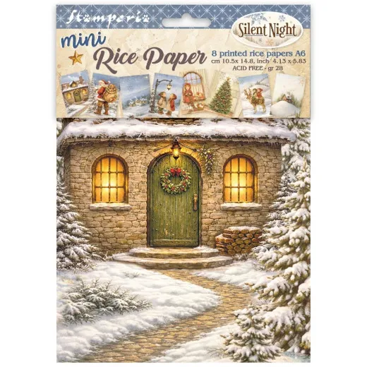 Verpackung der Stamperia Mini-Reispapiere A6 Silent Night mit 8 bedruckten Bogen, Titelmotiv beschneite Steinkate mit grüner Tür und Kranz.