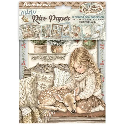 Verpackung der Stamperia Mini-Reispapiere A6 White Christmas mit 8 bedruckten Bogen, Titelmotiv Mädchen mit schlafendem Reh.