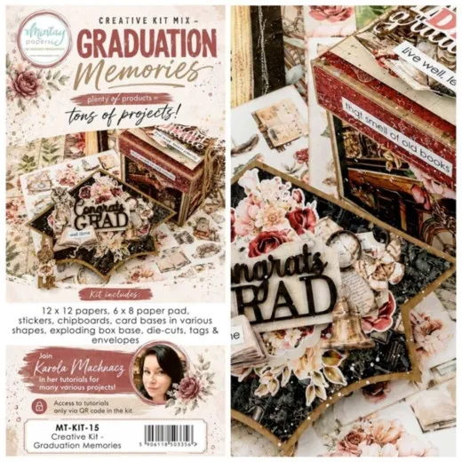 Verpackung des Kits mit Inhaltsübersicht sowie sternförmiger Congrats-Grad-Deko-Karte in Vintage-Buchmotiven