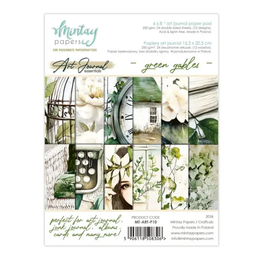 Verpackung des Mintay Green Gables Art Journal Paper Pads mit Motivvorschau aus Vogelkäfig, Schreibmaschine, Häuschen und Efeuranken in Grüntönen.