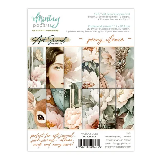 Verpackung des Mintay Peony Silence Art Journal Paper Pads mit Motivvorschau aus Pfingstrosen, Reh, Vogelnest und Krone in Rosa und Salbeigrün.