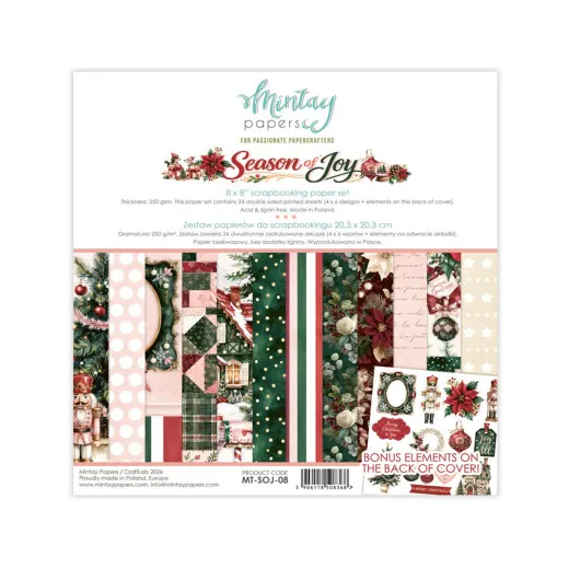 Verpackung des Mintay Season of Joy 8x8 Paper Pads mit weihnachtlichen Motiven wie Nussknacker, Poinsettien, Tannenbaum und Schneeflocken in Rot, Grün und Rosa.