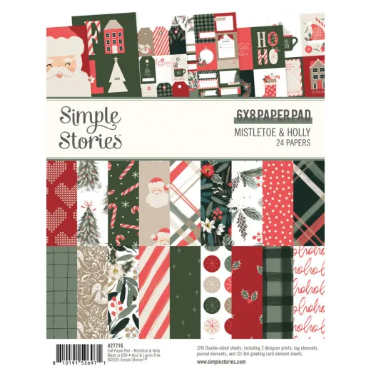 Verpackung des Simple Stories 6x8 Paper Pads Mistletoe & Holly mit Übersicht aller 24 Designpapiere