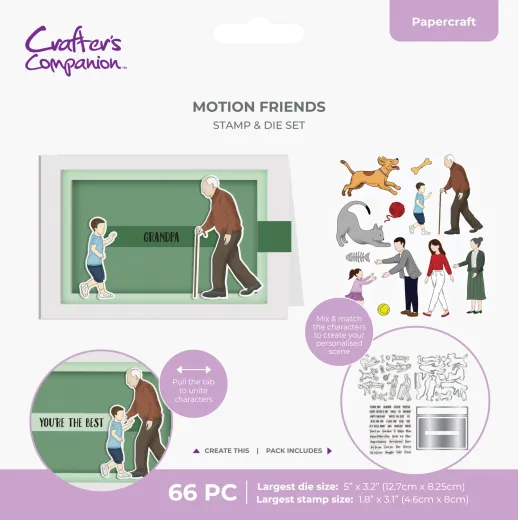 Verpackung des Crafter's Companion Motion Friends Stamp & Die Sets mit Schiebekarte 'Grandpa' und Figurenmotiven