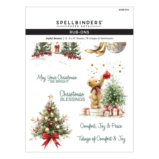 Verpackung zeigt die Rub-On-Motive: Weihnachtsbäume, Teddybär mit Christbaumkugel und festliche Sprüche wie 'Christmas Blessings'.