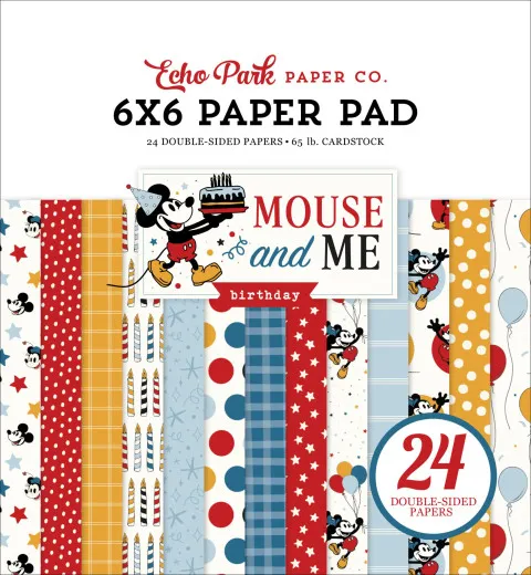 Echo Park Mouse And Me Birthday Paper Pad mit 24 doppelseitig bedruckten Bögen, Vintage-Maus-Motiv, rote Punkte, Kerzen, Sterne, Luftballons auf weißem Hintergrund
