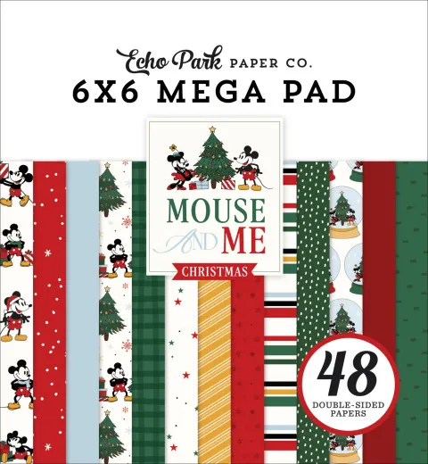 Echo Park Mouse And Me Christmas Mega Pad 6x6 mit 48 doppelseitigen Bögen, zeigt Micky-Maus-Motive, karierte Muster in Grün, rote Punkte, Tannenbäume und gestreifte Designs