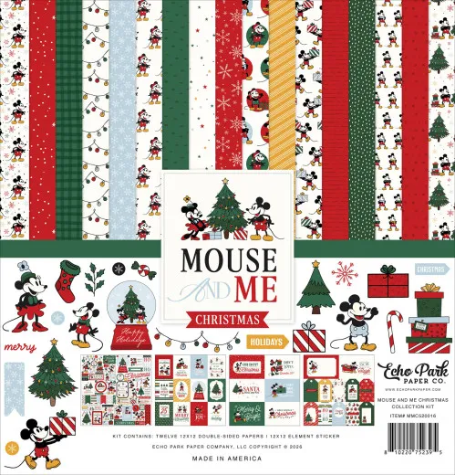 Echo Park Mouse And Me Christmas Collection Kit mit 12 bedruckten Designpapieren und Stickerbogen in Weihnachtsfarben Rot und Grün