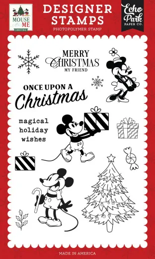 Designer Stamp Set Mouse And Me Christmas von Echo Park mit Weihnachtsmotiven, Maus-Figuren, Schneeflocken, Weihnachtsbaum und gestreiften Geschenkboxen im Schwarz-Weiß-Design
