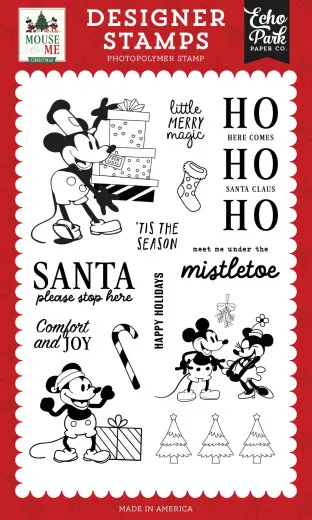 Echo Park Designer Stamps Mouse And Me Christmas Set mit Maus-Cartoons, Geschenken, Zuckerstangen, Weihnachtsbäumen und festlichen Texten wie HO HO HO auf rotem Hintergrund