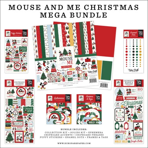 Echo Park Mega Bundle Mouse And Me Christmas mit Papierpad, Ephemera, Chipboard Accents, Enamel Dots und Stickern im Format 30,5x30,5 cm