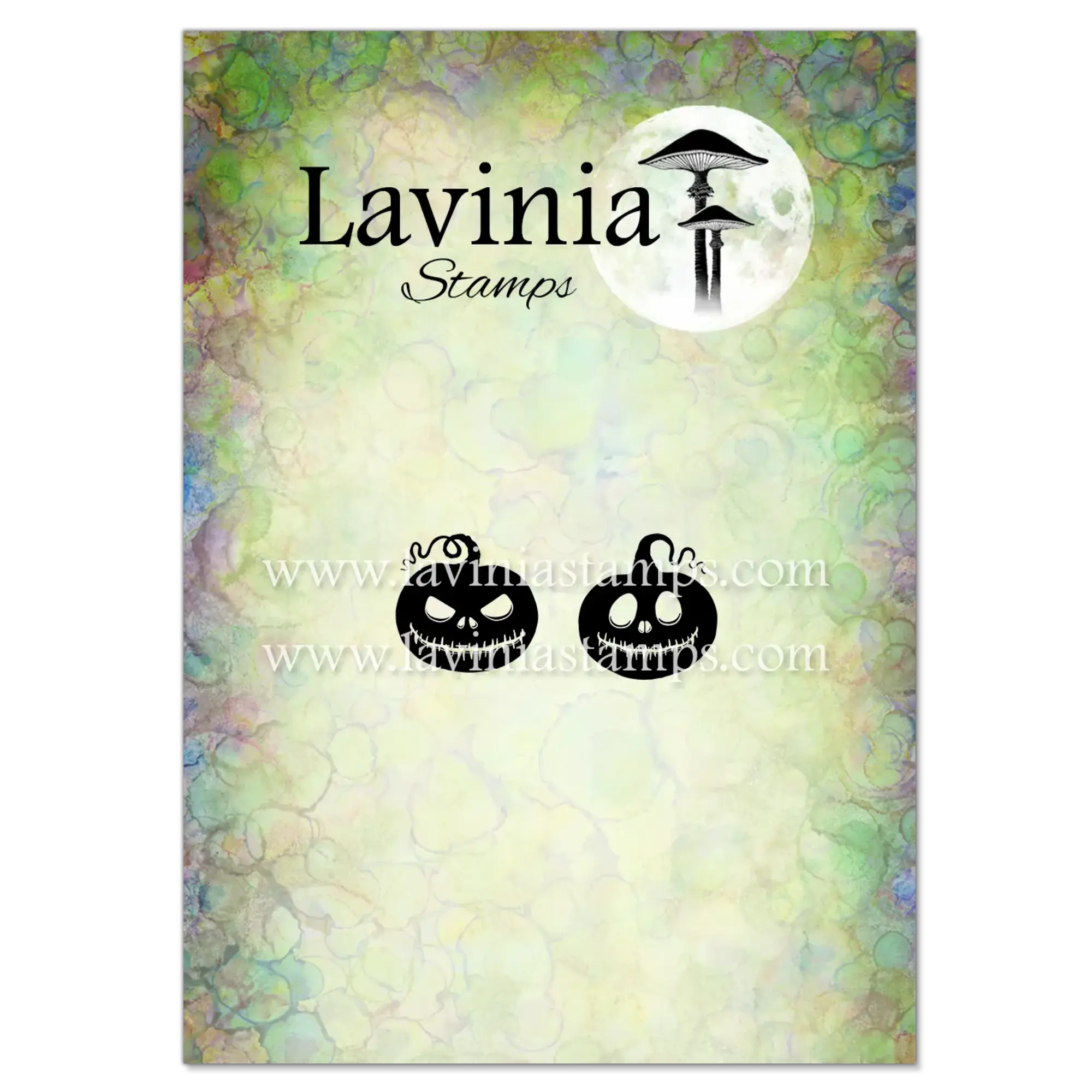 Zwei geschnitzte Kürbisgesichter als Lavinia-Stempelmotiv, eines mit grimmigem, eines mit grinsendem Ausdruck