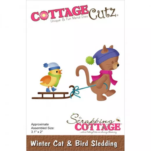 Cottage Cutz Die - Winter Cat and Bird Sledding