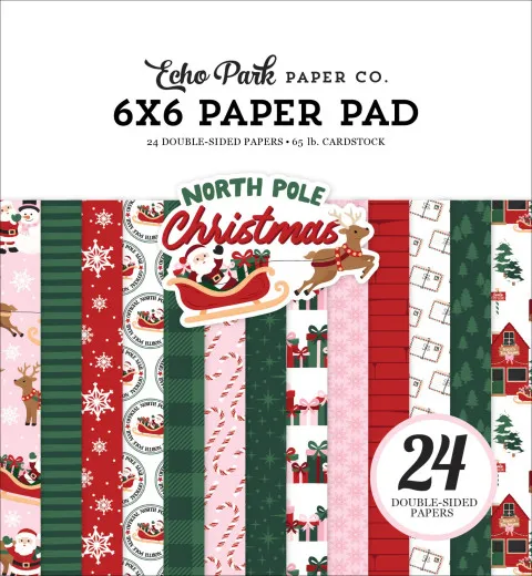 Verpackungsvorderseite des Echo Park 6x6 Paper Pads „North Pole Christmas” mit gestapelten Musterpapieren in Santa- und Rentier-Motiven