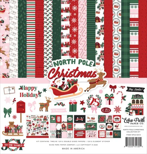 Kollektionsübersicht des 12x12 Collection Kits „North Pole Christmas” mit allen 12 Designpapieren, Stickerbogen und Artikelnummer NPC515016