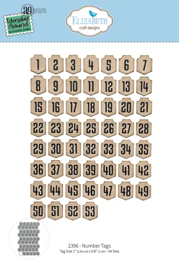 Number Tags Stanzschablonen Set mit 54 Stanzteilen von 1 bis 53 in Beigeton