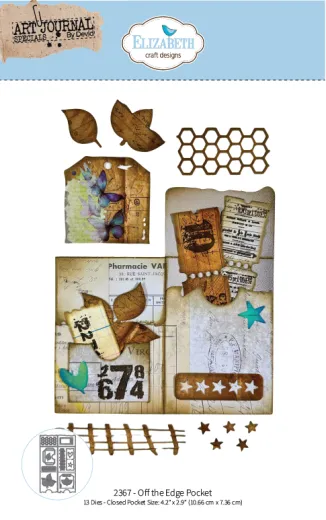 Verpackung der Elizabeth-Craft-Designs-Stanzform „Off the Edge Pocket“ mit Anwendungsbeispiel als Vintage-Ticket-Tasche sowie Produktvorschau aller 13 Einzelstanzen (Blätter, Waben-Muster, Sterne).