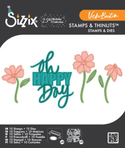 Verpackung des Sizzix Stempel- und Stanzsets 'Oh Happy Day' von Vicki Boutin mit Blumen- und Schriftzugmotiven