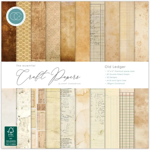 Cover des Craft Consortium Paper Pads Old Ledger 12x12 mit Streifen aus Vintage-Papieren und Kontobuch-Linien