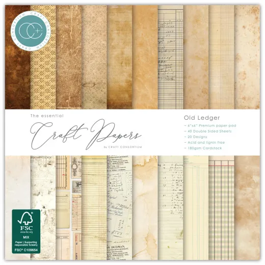 Cover des Craft Consortium Paper Pads Old Ledger 6x6 mit Streifen aus Vintage-Papieren und Kontobuch-Linien