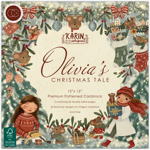 Verpackung des 12x12 Premium-Papierblocks „Olivia's Christmas Tale“ mit 30 Seiten in 20 Designs