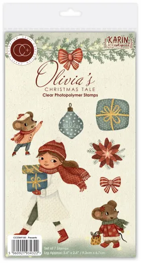 Verpackung des Clear-Stamps-Sets „Olivia's Christmas Tale – Presents“ mit Mädchen-, Maus- und Geschenk-Motiven