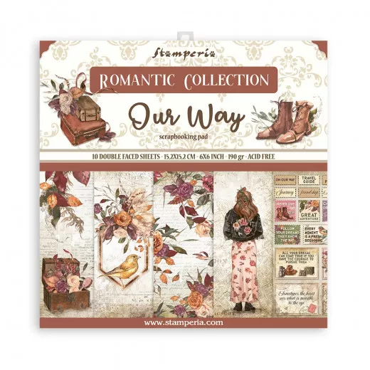 Stamperia Our Way Scrapbooking Paper Pad mit 10 beidseitig bedruckten Blättern, 15,2x15,2cm, Romantic Collection mit Blüten, Vintage-Koffern und Stiefeln