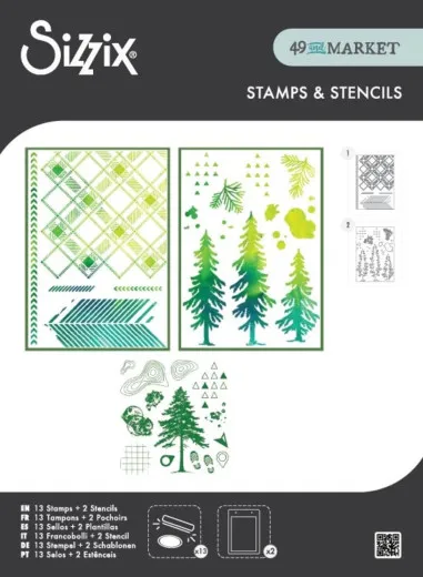 Verpackungsfoto mit zwei Schablonen (Rautenmuster, Tannenbäume) und 13 Natur-Motiv-Stempeln.