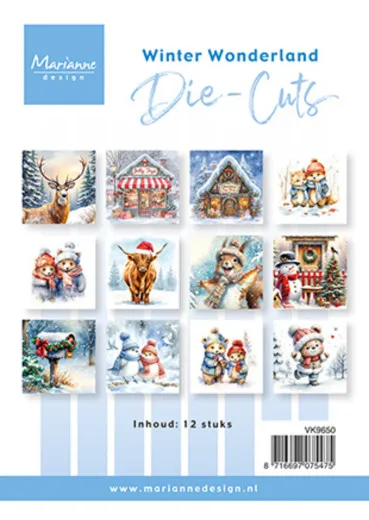 Verpackung der Marianne Design Die-Cuts "Winter Wonderland" mit 12 winterlichen Illustrationsmotiven.