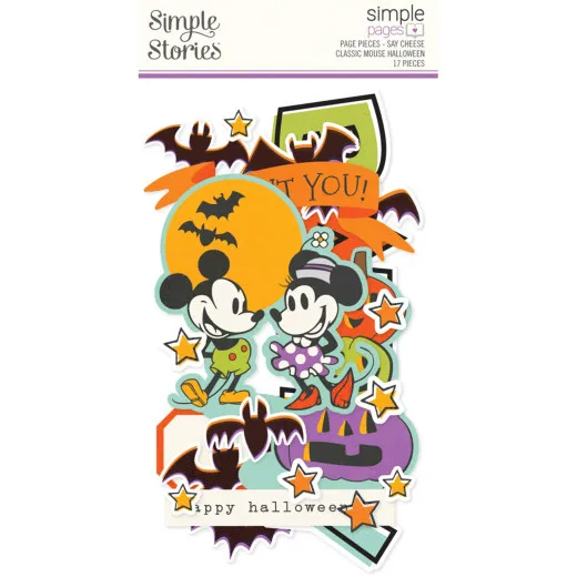 Verpackung der Page Pieces mit Mickey und Minnie, Fledermäusen, Kürbissen und Halloween-Schriftzügen
