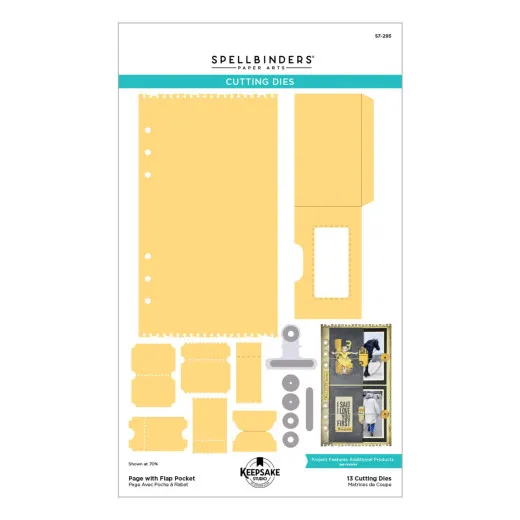 Verpackungskarte der Stanzform Page with Flap Pocket mit Übersicht aller 13 Stanzformen in Gelb.