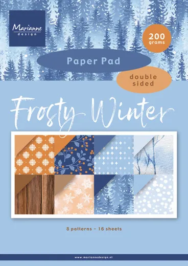 Verpackung des Marianne Design Paper Pad Frosty Winter mit Vorschau der 8 Wintermotive