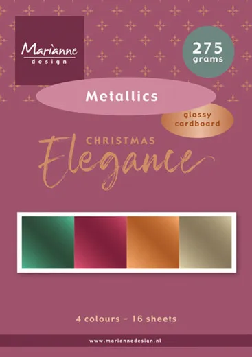 Verpackung des Marianne Design Papierblocks "Christmas Elegance" Metallics mit glänzendem Kartonpapier in Grün, Beere, Orange und Gold