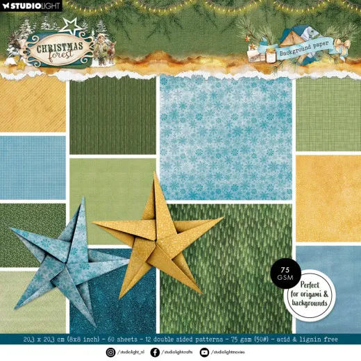 Verpackung des 8x8-Papierblocks mit Musterpapieren und zwei gefalteten Origami-Sternen in Blau und Gold
