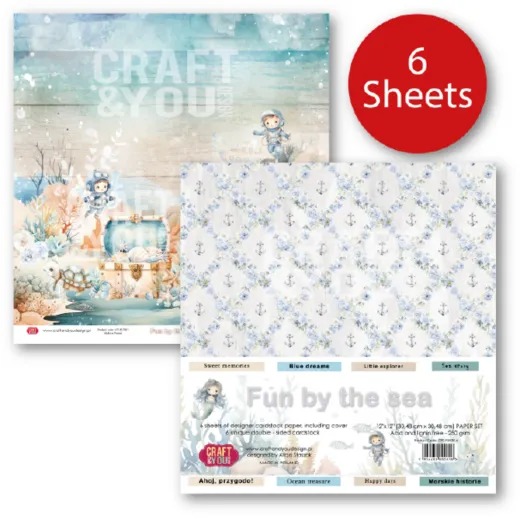 Verpackungsfoto des Craft & You Papiersets "Fun by the Sea" mit Deckblatt-Motiv Schatztruhe und Rückseiten-Etikett