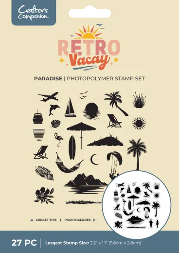 Verpackung des Crafter's Companion Stempelsets Paradise mit Silhouettenmotiven wie Palmen, Segelboot und Flamingo