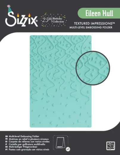 Verpackung der mehrstufigen Sizzix Textured Impressions Prägeschablone 'Party Time' von Eileen Hull mit Konfetti- und Luftschlangenmuster
