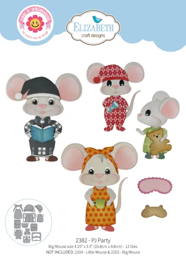 Stanzschablonen-Set PJ Party mit Mäusen in Pyjamas, Schlafmützen, Buch, Teddy und Schlafmaske